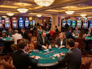 KJC players engaging intensely at poker tables in a luxurious casino setting.