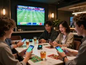 Friends placing bets on mobile at 99OK sports bar, capturing excitement and social interaction.