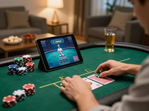 Player engaging in a thrilling online poker game on a tablet, showcasing kuwin's immersive gaming experience.