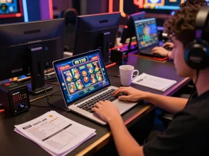 Engaged player experiencing m110 slot game on laptop, showcasing online gambling excitement