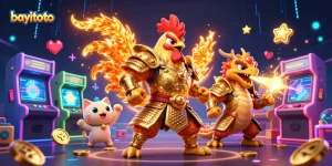 Engage with bayitoto's vibrant gaming scene featuring a fighting rooster warrior and dragon hatchling.