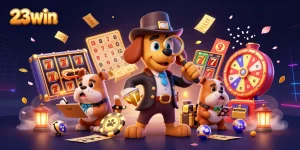 Engage with 23win as a detective bloodhound discovers golden poker chip clues in a dynamic casino scene.