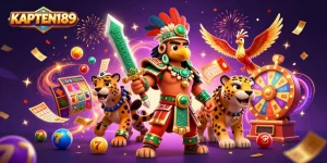 KAPTEN189 menampilkan ilustrasi kasino dengan pahlawan Aztec dan simbol slot dinamis.