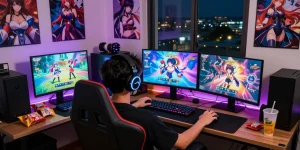 Immersive gaming setup showcasing a young adult enjoying hentai games with dual monitors and vibrant ambient lighting.