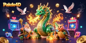 Pakde4D engages players with an illustration featuring a jade dragon, casino elements, and vibrant gaming icons.