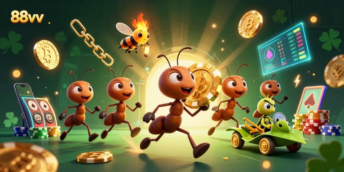 Experience the thrill at 88vv with ants carrying massive poker chips in this visually rich casino illustration.