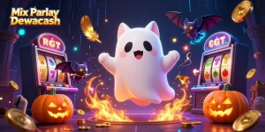 Engage with Mix Parlay Dewacash in this vibrant haunted casino scene featuring a friendly ghost cat.