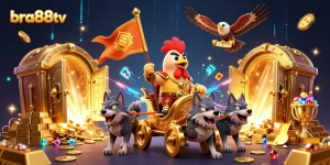 bra88tv showcases a cartoon rooster warlord leading a treasure-filled adventure in an extravagant casino.