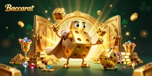 Baccarat game illustration showcasing dynamic golden dice and casino elements in an engaging scene.