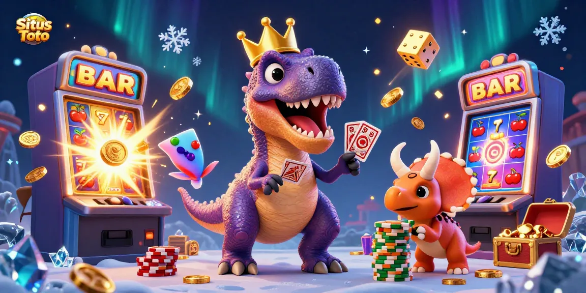 Situs Toto offers an exciting scene of a T-Rex and friends engaging in thrilling slot machine action amidst golden coins and vibrant casino elements.