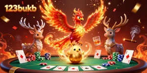 Experience thrilling gaming at 123bukb with vibrant characters amidst a rich casino scene.