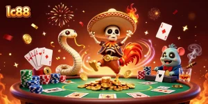 Win big with lc88 featuring a lively celebration of 3D casino characters and gambling elements