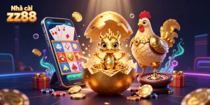 Experience the thrill at Nhà cái zx88 with a colossal golden egg revealing treasures and dazzling casino elements.