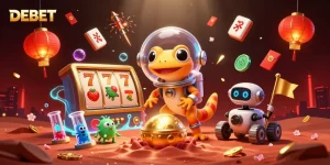 Engage in fun gaming experiences with DEBET featuring a Martian gecko in a golden casino scene.