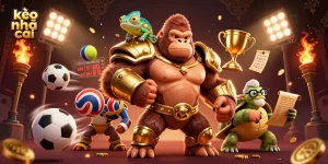Bet on kèo nhà cái with a powerful gorilla king and colorful chameleon amidst dynamic sports elements.