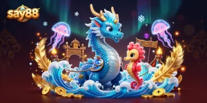 Experience thrilling gaming at say88 with a vibrant dragon, seahorse knight, and jellyfish amidst a rich casino scene.