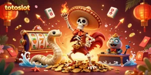 Enjoy vibrant gaming with the totoslot victory dance amidst gold coins and festive casino elements.
