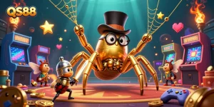 Experience the thrilling world of QS88 through a captivating 3D cartoon illustration of vibrant casino elements.