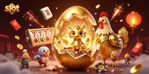 Spin the slot reels adorned with gold symbols amidst a vibrant casino atmosphere.