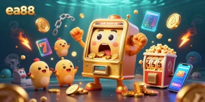 Win big with ea88 as the golden slot machine hits its jackpot, surrounded by cheering machines.