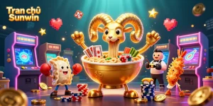 Engaging scene of Tran chủ Sunwin with a golden ramen bowl handling casino cards while vibrant game elements surround.