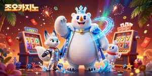 Play dynamic slots and win prizes at 조이카지노 with this vibrant illustration showcasing exciting gaming elements.