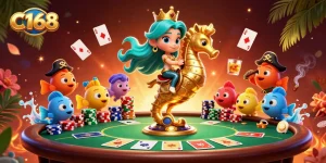 Engage in thrilling gaming action at C168 with vibrant poker elements and a captivating underwater theme.