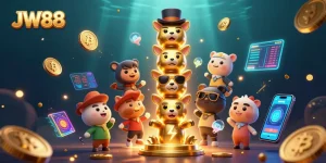 Experience vibrant gameplay at JW88 with golden totem surrounded by glowing crypto coins.