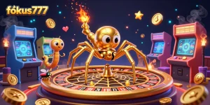 Place your bets with fokus777 in a vibrant casino scene featuring a golden spider and a centipede croupier.