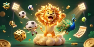 Roll with Jai club's vibrant gaming elements featuring a roaring sun lion, dice, and dynamic sports balls.