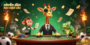 Engage with nhận định kèo nhà cái at a lively sports betting scene featuring a giraffe, monkey, and chameleon.