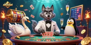 Permainan slot situsslot dengan karakter kasino seperti serigala, angsa, dan penguin yang menarik.