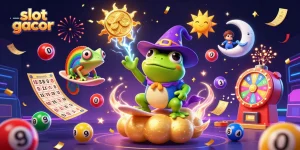 Permainan slot gacor dengan wizard kodok dan chameleon pelangi dikelilingi koin emas dan unsur perjudian menarik.