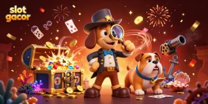 Engage with slot gacor as the detective investigates a golden poker chip among colorful casino elements.