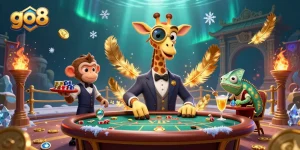 Experience the excitement of go8 with a high-roller giraffe playing poker among stunning casino elements.