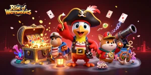 Engage with Rise of Werewolves as you play with pirates, showcasing vibrant slots and treasure in a lively scene.