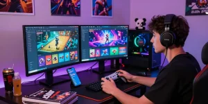 Engaged player at a SLOT7000 gaming setup with vibrant screens and gaming elements.