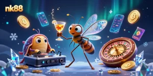 Experience thrilling games at nk88 with a dynamic casino scene showcasing unique characters and crypto elements.