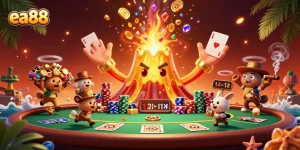 Win big at ea88 while enjoying a vibrant 3D casino scene filled with treasures and poker.