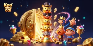 Bet on Keo nha cai while enjoying 3D cartoon riches, a treasure vault, and glamorous casino elements.