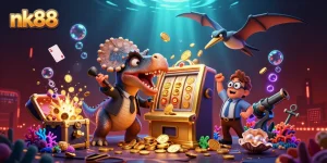 Experience the thrill of nk88 as cartoon dinosaurs interact in a vibrant, action-packed casino scene.